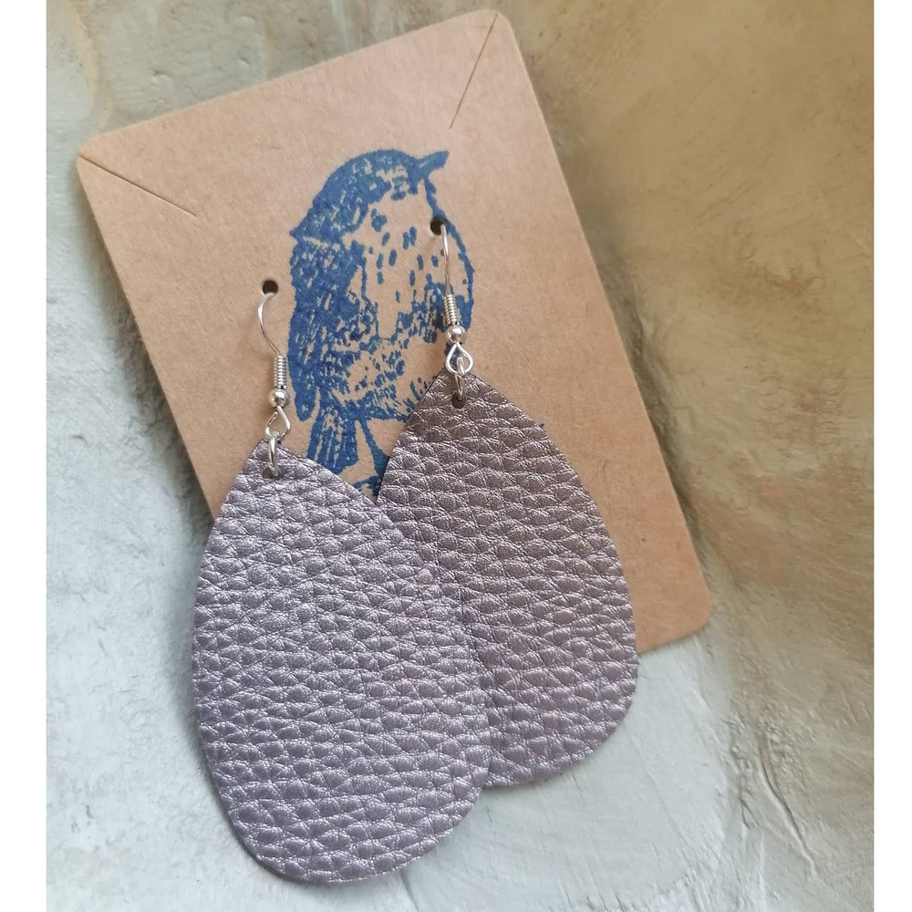 Faux Leather Gray Silver Textured Teardrop Dangle Earrings